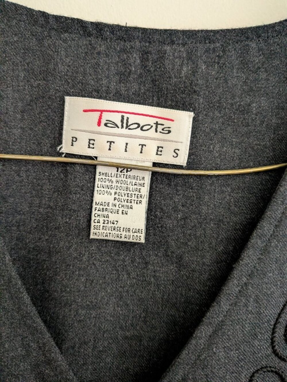 Talbots Vintage Wool Jumper Dress 12P Grey Soutache Embroidery Button Front Midi - Picture 4 of 5